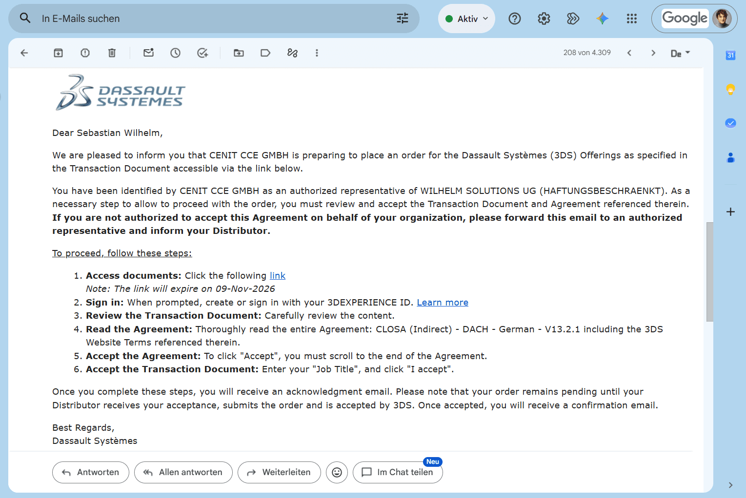 Email requesting CLOSA acceptance